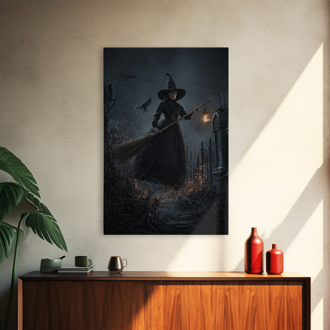 The Witch'S Broom, Vertical Wall Art, Haunted Gothic Art, Framed Canvas Print, Halloween Wall Decor, Gothic Home Decor, Spooky Wall Decor