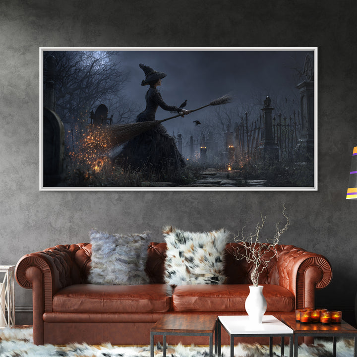 The Witch'S Broom, Wide Panoramic Art, Gothic Horror Wall Art, Framed Canvas Print, Halloween Wall Decor, Gothic Home Decor, Halloween Decor