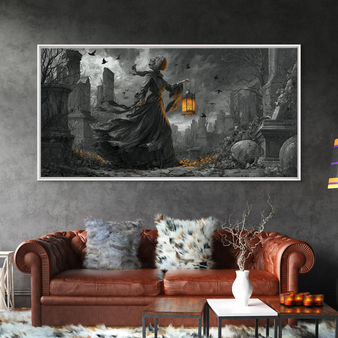 The Bone-Handled Lantern, Wide Panoramic Art, Spooky Home Decor, Canvas Print, Halloween Wall Decor, Gothic Home Decor, Dark Fantasy Art
