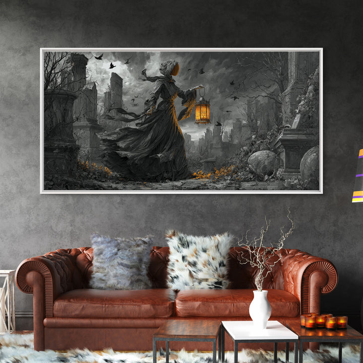 The Bone-Handled Lantern, Wide Panoramic Art, Spooky Home Decor, Canvas Print, Halloween Wall Decor, Gothic Home Decor, Dark Fantasy Art