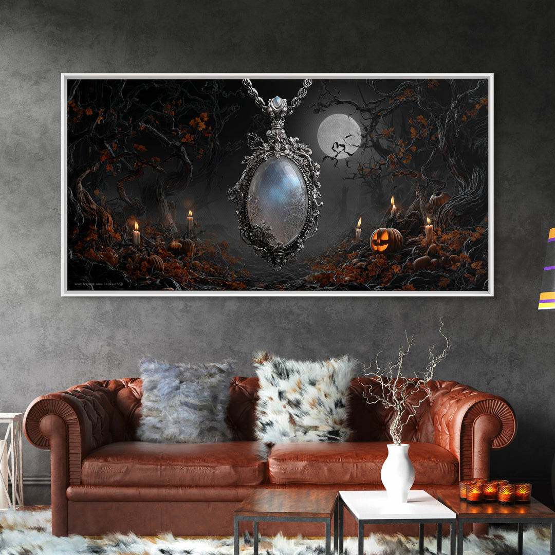 The Moonstone Amulet, Wide Panoramic Art, Dark Halloween Decor, Canvas Print, Halloween Wall Decor, Gothic Home Decor, Horror Wall Art