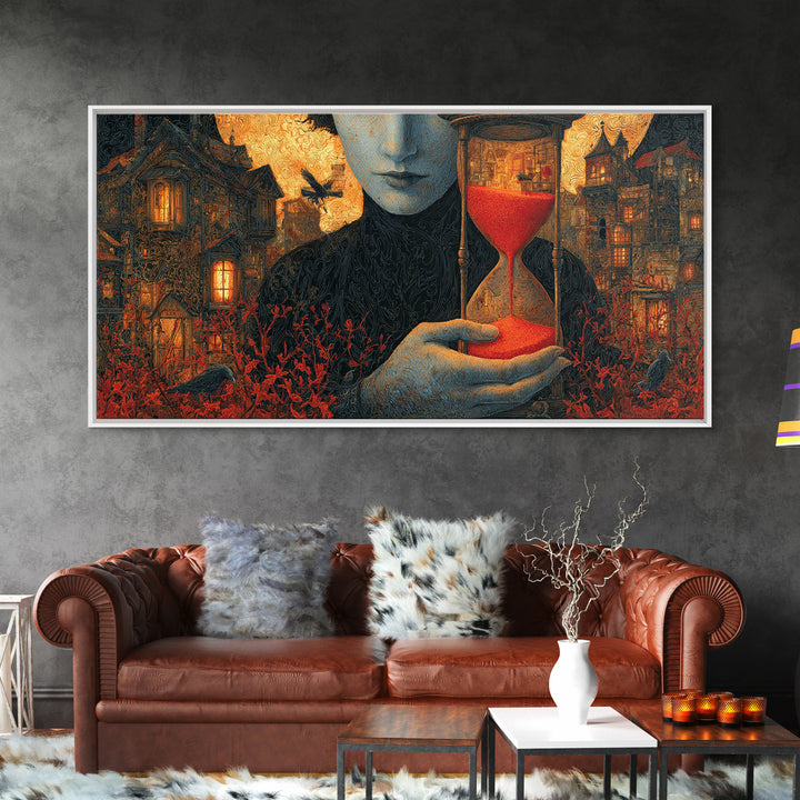 The Crimson Hourglass, Wide Panoramic Art, Macabre Wall Art, Framed Canvas Print, Halloween Wall Decor, Gothic Home Decor, Halloween Decor