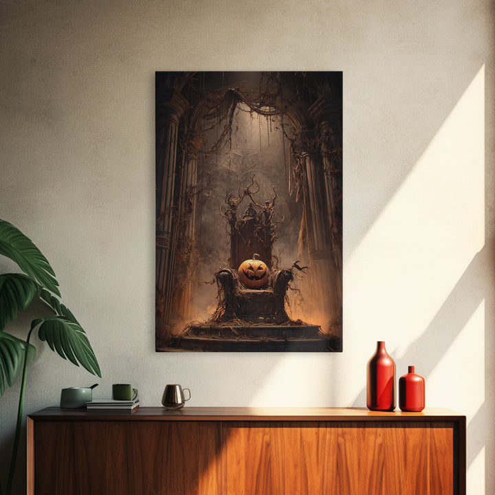 The Jack-O'-Lantern Throne, Vertical Wall Art, Gothic Horror Wall Art, Framed Canvas Print, Halloween Wall Decor, Gothic Home Decor