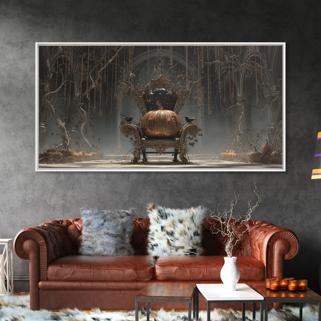The Jack-O'-Lantern Throne, Wide Panoramic Art, Macabre Wall Art, Framed Canvas Print, Halloween Wall Decor, Gothic Home Decor