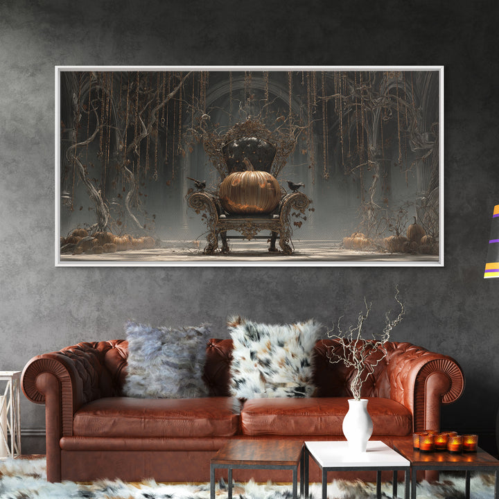 The Jack-O'-Lantern Throne, Wide Panoramic Art, Macabre Wall Art, Framed Canvas Print, Halloween Wall Decor, Gothic Home Decor