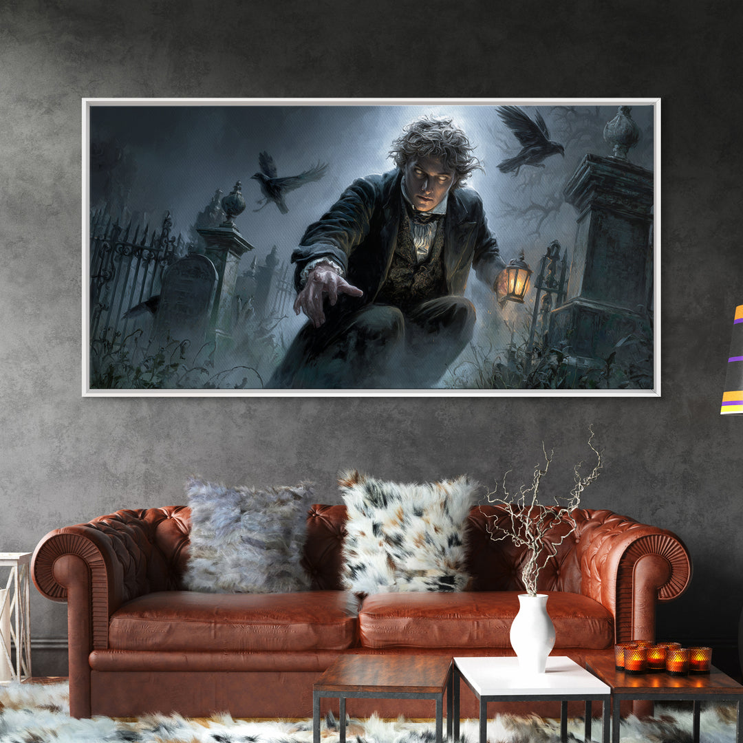 The Haunted Portrait, Wide Panoramic Art, Spooky Home Decor, Canvas Print, Halloween Wall Decor, Gothic Home Decor, Halloween Wall Art