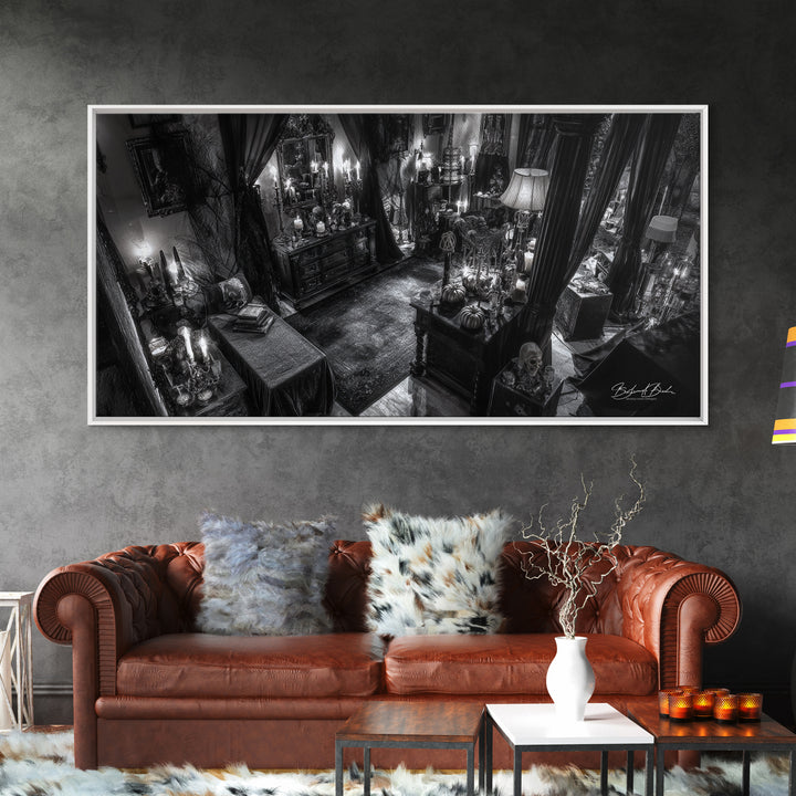 Monochrome Gothic Halloween, Wide Panoramic Art, Macabre Wall Art, Framed Canvas Print, Halloween Wall Decor, Gothic Home Decor