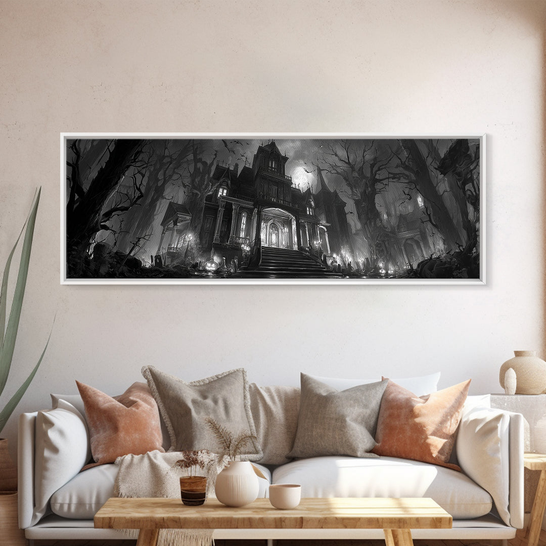 Monochrome Gothic Halloween, Extra Wide Wall Art, Spooky Home Decor, Canvas Print, Halloween Wall Decor, Gothic Home Decor, Dark Fantasy Art