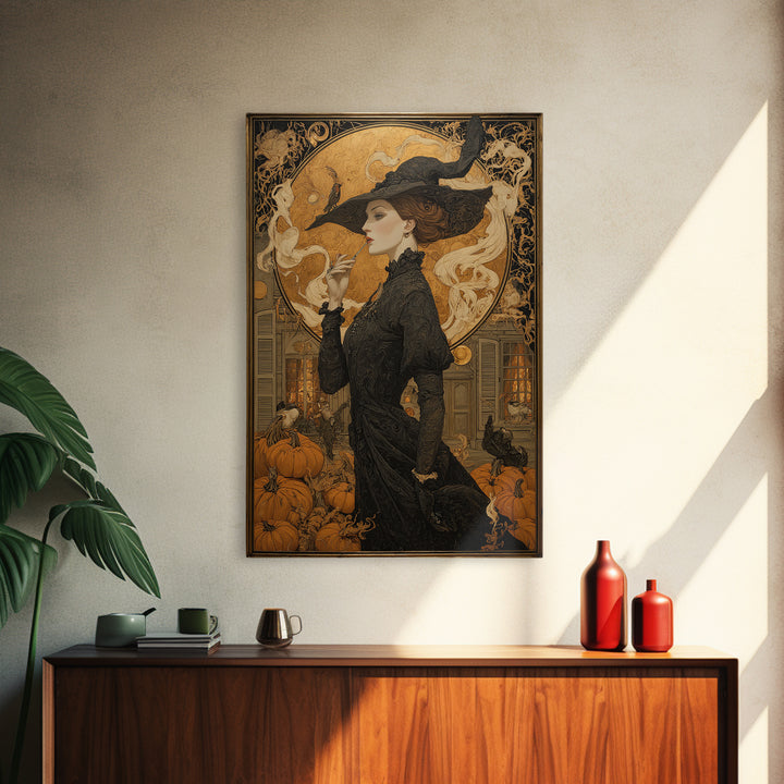 Art Nouveau Witchcraft, Vertical Wall Art, Gothic Horror Wall Art, Framed Canvas Print, Halloween Wall Decor, Gothic Home Decor