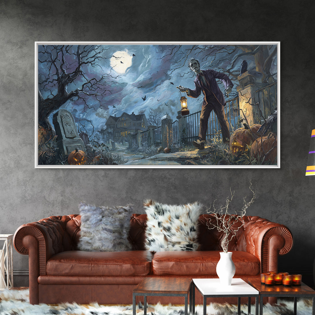 1950s Halloween Nostalgia, Wide Panoramic Art, Dark Fantasy Wall Art, Canvas Print, Halloween Wall Decor, Gothic Home Decor