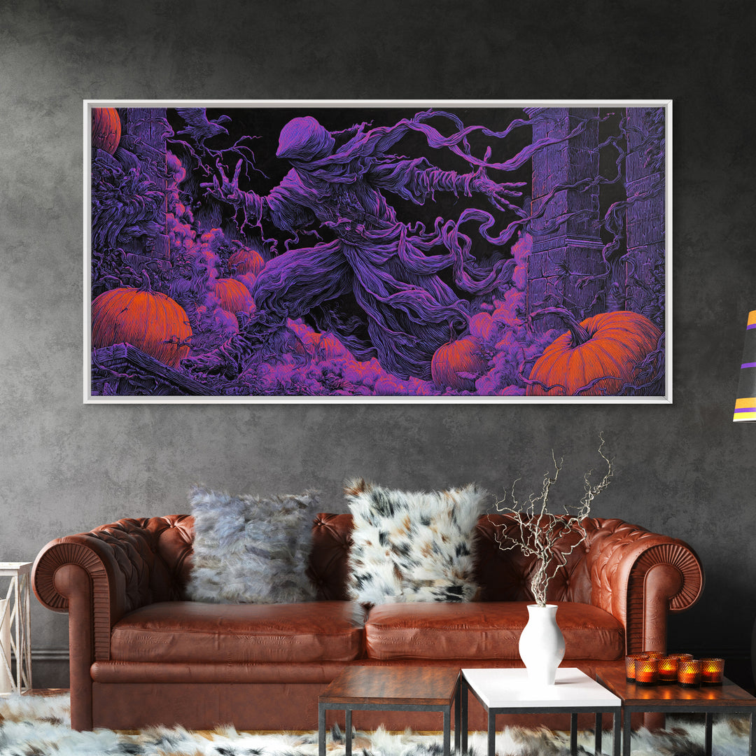 1980s Neon Horror, Wide Panoramic Art, Spooky Home Decor, Canvas Print, Halloween Wall Decor, Gothic Home Decor, Macabre Wall Art