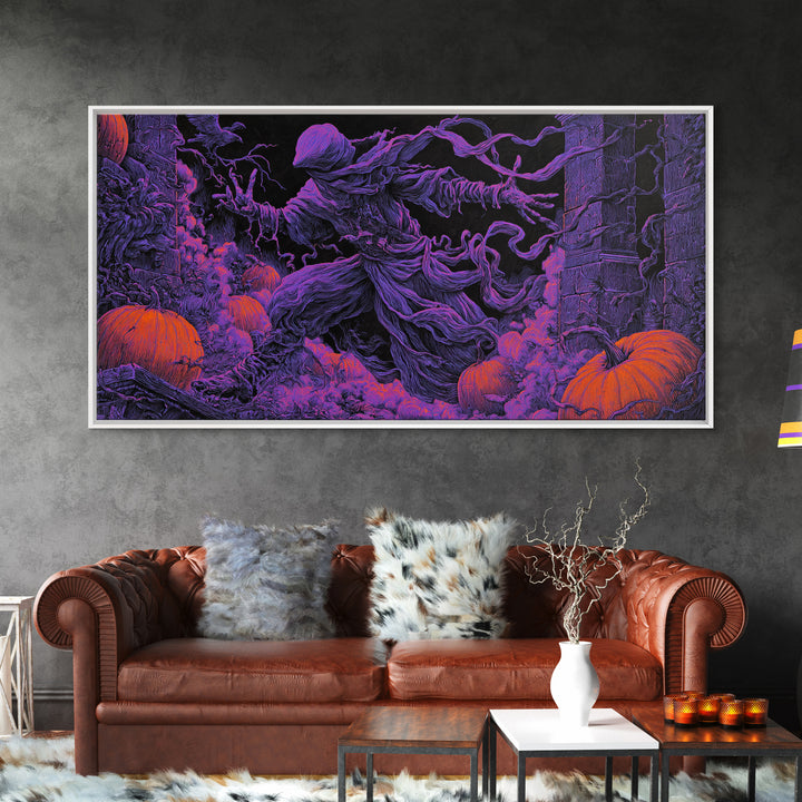 1980s Neon Horror, Wide Panoramic Art, Spooky Home Decor, Canvas Print, Halloween Wall Decor, Gothic Home Decor, Macabre Wall Art