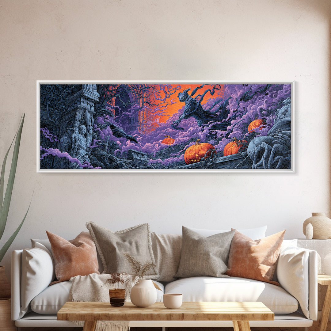 1980s Neon Horror, Extra Wide Wall Art, Dark Fantasy Wall Art, Canvas Print, Halloween Wall Decor, Gothic Home Decor, Macabre Wall Art