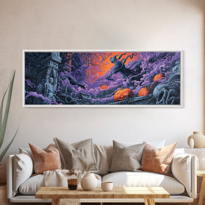 1980s Neon Horror, Extra Wide Wall Art, Dark Fantasy Wall Art, Canvas Print, Halloween Wall Decor, Gothic Home Decor, Macabre Wall Art