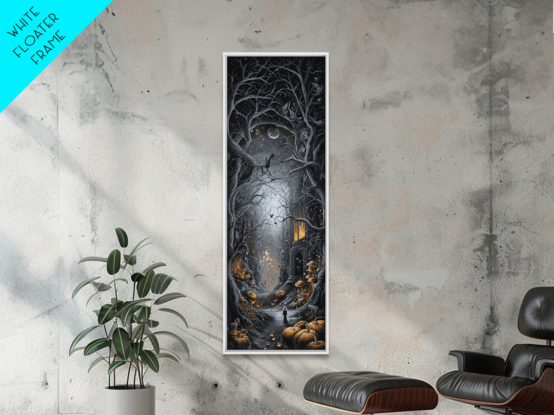 Enchanted Woodland Halloween, Tall Narrow Wall Art, Haunted Gothic Art, Framed Canvas Print, Halloween Wall Decor, Gothic Home Decor