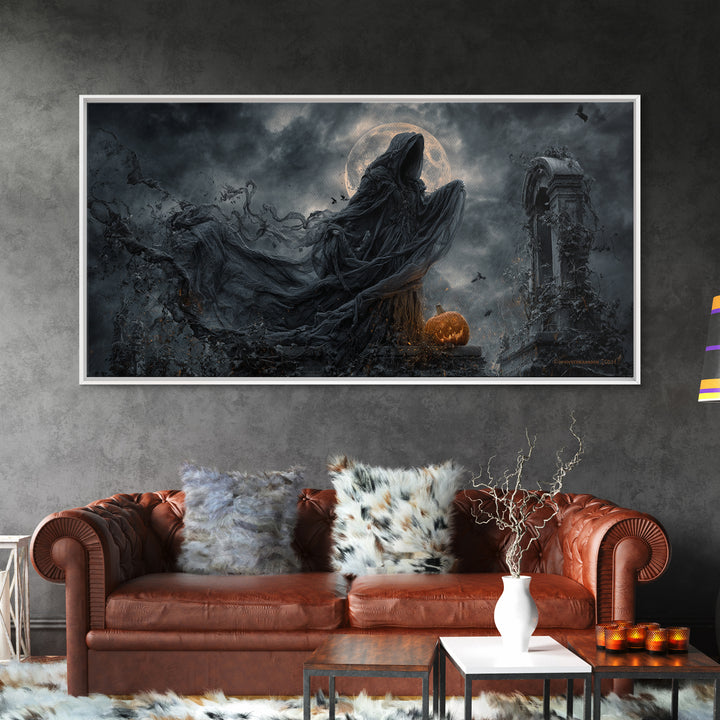 Haunted Seaside Halloween, Wide Panoramic Art, Spooky Home Decor, Canvas Print, Halloween Wall Decor, Gothic Home Decor, Macabre Wall Art