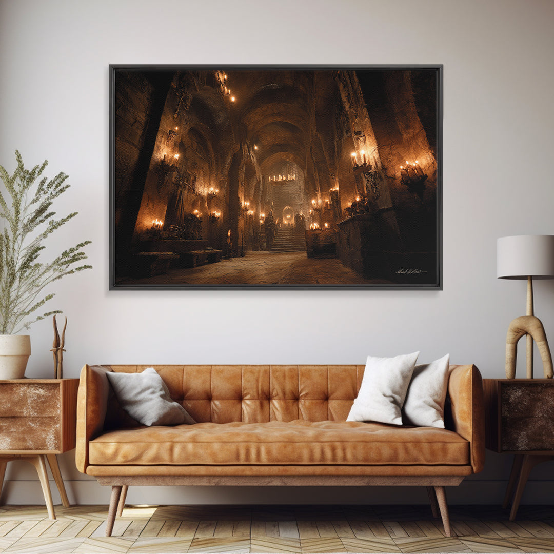 The Candlelit Crypt, Landscape Wall Art, Gothic Horror Wall Art, Framed Canvas Print, Halloween Wall Decor, Gothic Home Decor
