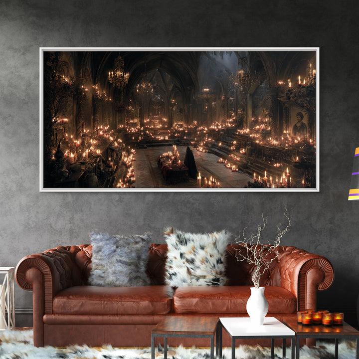 The Candlelit Crypt, Wide Panoramic Art, Dark Halloween Decor, Canvas Print, Halloween Wall Decor, Gothic Home Decor, Statement Wall Art