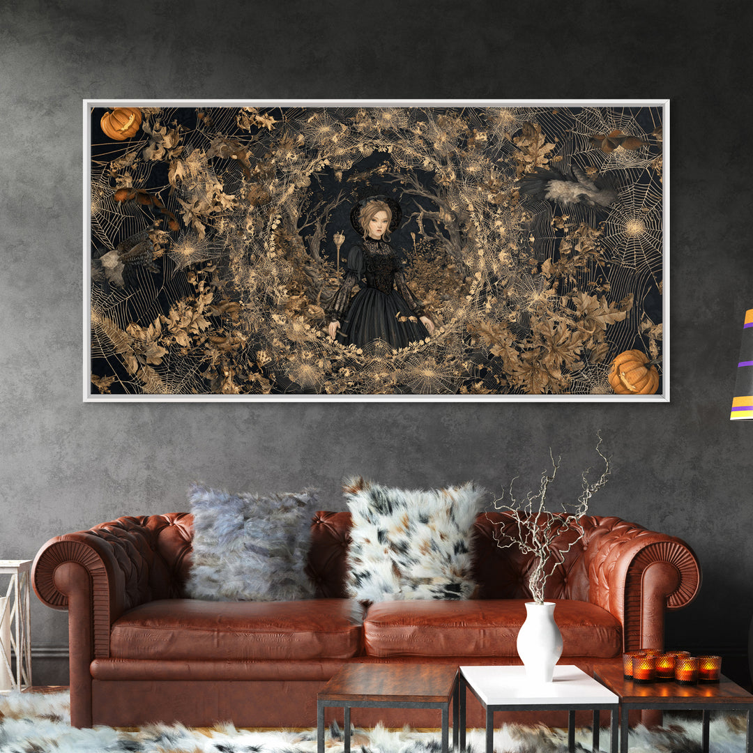 Black Lace And Cobwebs, Wide Panoramic Art, Haunted Gothic Art, Framed Canvas Print, Halloween Wall Decor, Gothic Home Decor