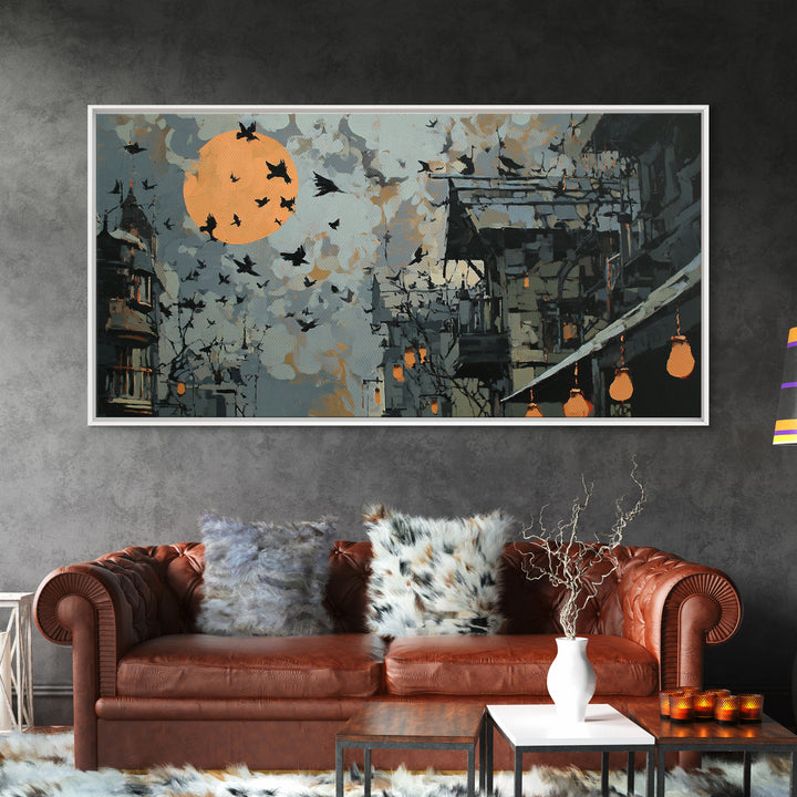 Ravens And Ruins, Wide Panoramic Art, Spooky Home Decor, Canvas Print, Halloween Wall Decor, Gothic Home Decor, Macabre Wall Art