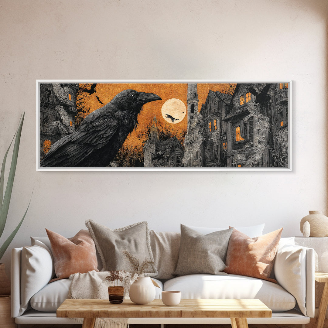 Ravens And Ruins, Extra Wide Wall Art, Macabre Wall Art, Framed Canvas Print, Halloween Wall Decor, Gothic Home Decor, Halloween Decor