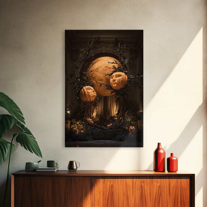 Pumpkins And Moon Phases, Vertical Wall Art, Macabre Wall Art, Framed Canvas Print, Halloween Wall Decor, Gothic Home Decor