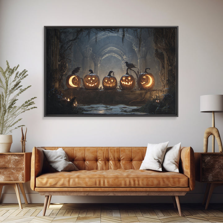 Pumpkins And Moon Phases, Landscape Wall Art, Haunted Gothic Art, Framed Canvas Print, Halloween Wall Decor, Gothic Home Decor