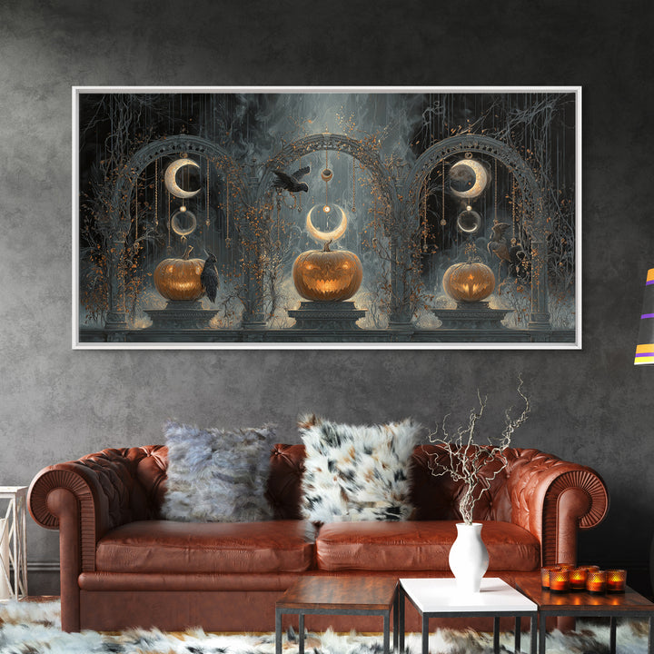 Pumpkins And Moon Phases, Wide Panoramic Art, Dark Halloween Decor, Canvas Print, Halloween Wall Decor, Gothic Home Decor, Horror Wall Art