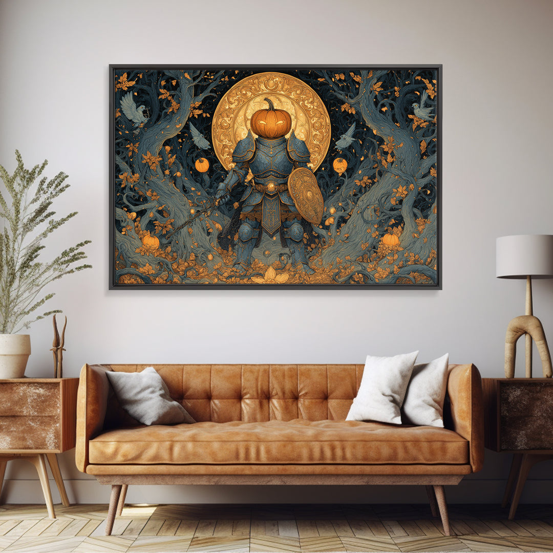 The Pumpkin Paladin, Landscape Wall Art, Haunted Gothic Art, Framed Canvas Print, Halloween Wall Decor, Gothic Home Decor