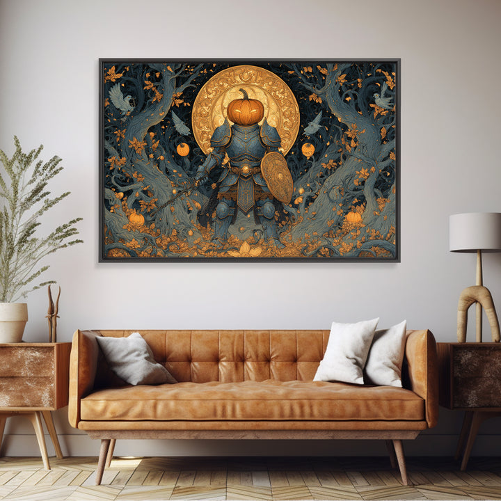 The Pumpkin Paladin, Landscape Wall Art, Haunted Gothic Art, Framed Canvas Print, Halloween Wall Decor, Gothic Home Decor