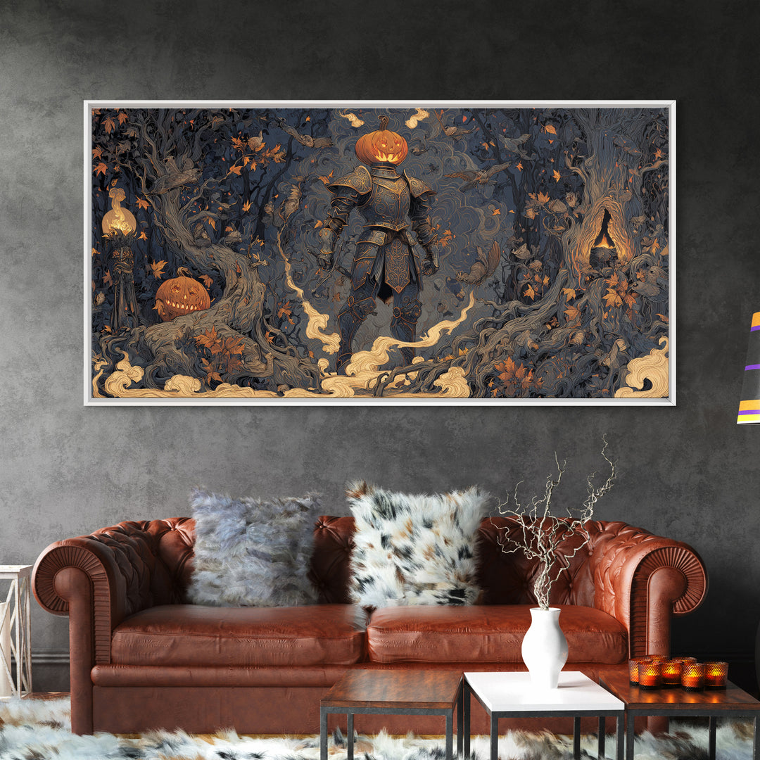 The Pumpkin Paladin, Wide Panoramic Art, Haunted Gothic Art, Framed Canvas Print, Halloween Wall Decor, Gothic Home Decor, Dark Fantasy Art