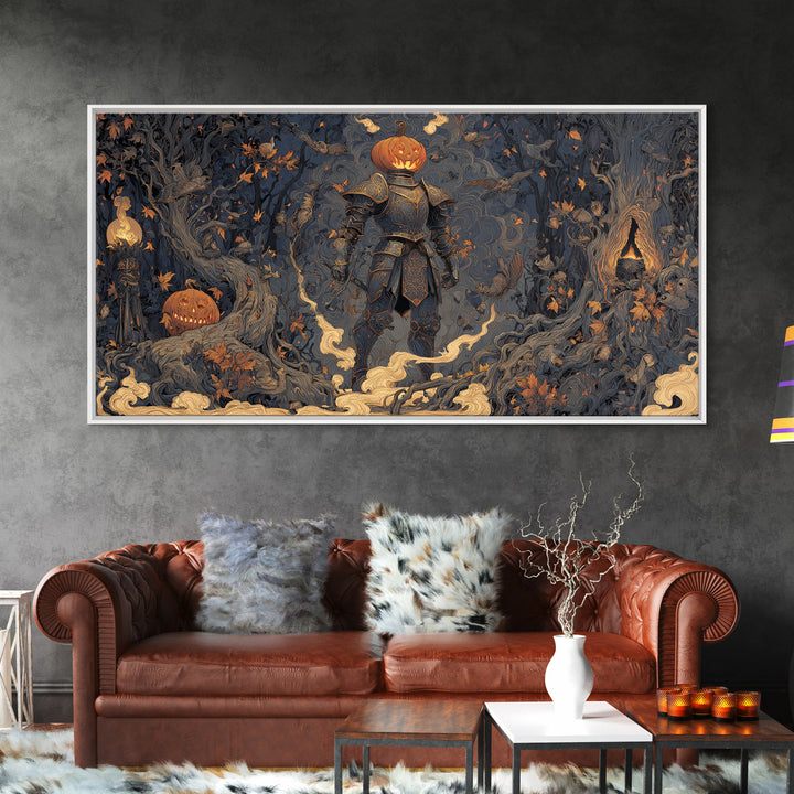 The Pumpkin Paladin, Wide Panoramic Art, Haunted Gothic Art, Framed Canvas Print, Halloween Wall Decor, Gothic Home Decor, Dark Fantasy Art