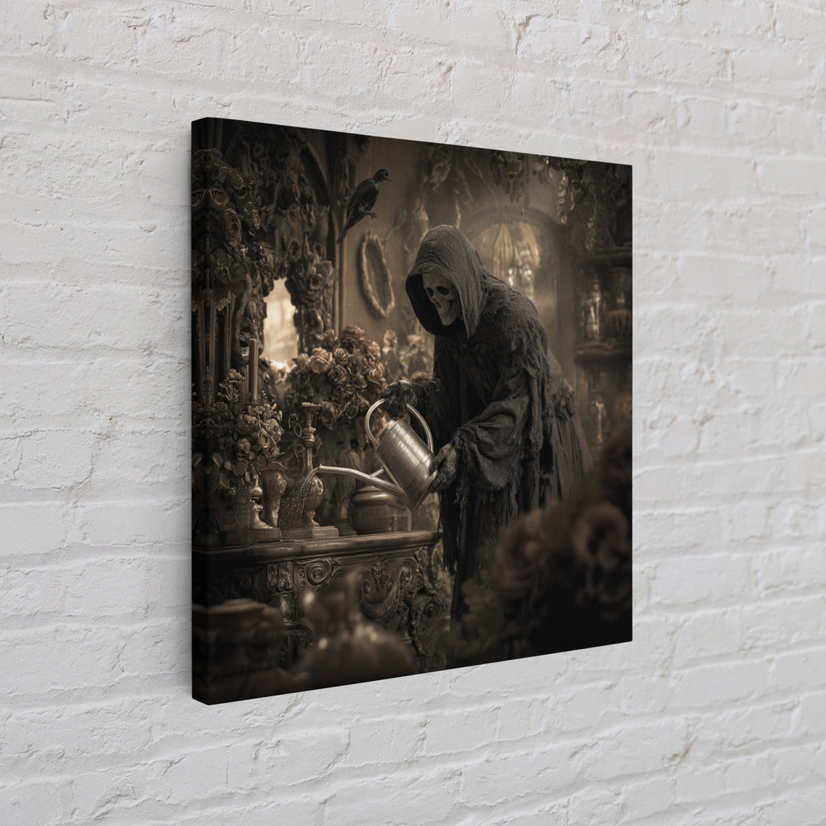 The Graveyard Gardener, Square Wall Art, Haunted Gothic Art, Framed Canvas Print, Halloween Wall Decor, Gothic Home Decor