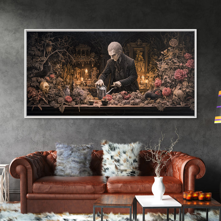 The Graveyard Gardener, Wide Panoramic Art, Gothic Horror Wall Art, Framed Canvas Print, Halloween Wall Decor, Gothic Home Decor