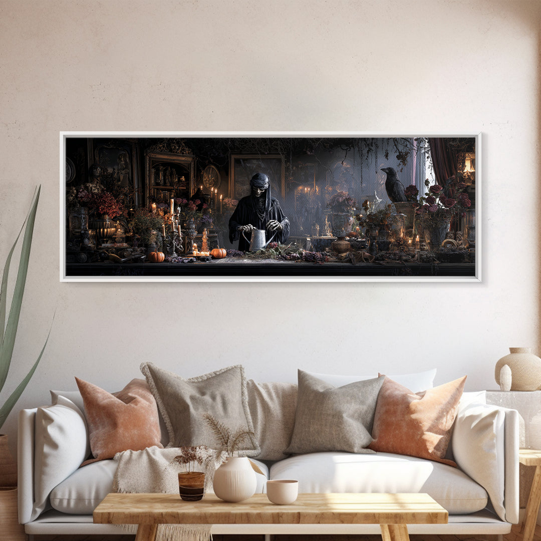 The Graveyard Gardener, Extra Wide Wall Art, Spooky Home Decor, Canvas Print, Halloween Wall Decor, Gothic Home Decor, Macabre Wall Art