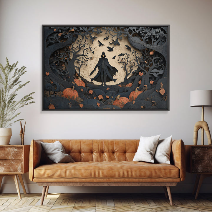 The Crow-Masked Assassin, Landscape Wall Art, Gothic Horror Wall Art, Framed Canvas Print, Halloween Wall Decor, Gothic Home Decor