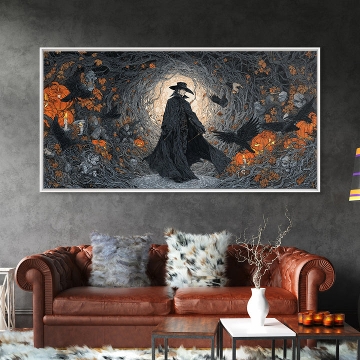 The Crow-Masked Assassin, Wide Panoramic Art, Gothic Horror Wall Art, Framed Canvas Print, Halloween Wall Decor, Gothic Home Decor