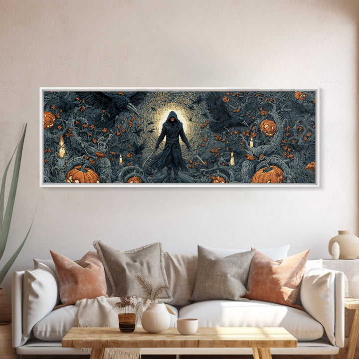 The Crow-Masked Assassin, Extra Wide Wall Art, Macabre Wall Art, Framed Canvas Print, Halloween Wall Decor, Gothic Home Decor