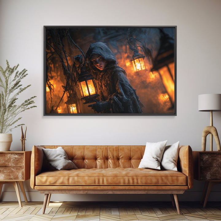 The Lantern Mage, Landscape Wall Art, Macabre Wall Art, Framed Canvas Print, Halloween Wall Decor, Gothic Home Decor, Spooky Wall Decor