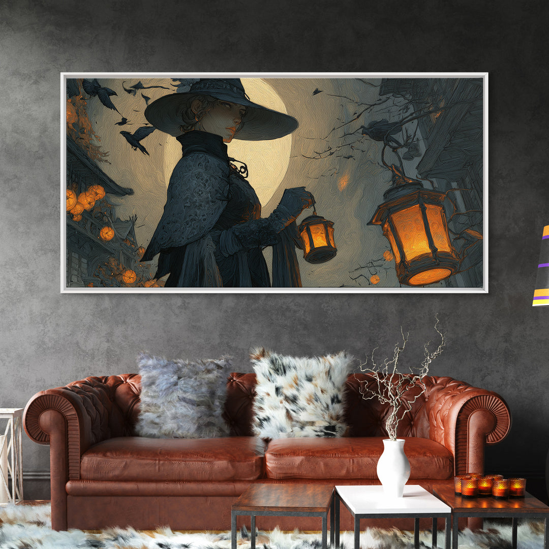 The Lantern Mage, Wide Panoramic Art, Dark Halloween Decor, Canvas Print, Halloween Wall Decor, Gothic Home Decor, Seasonal Home Decor