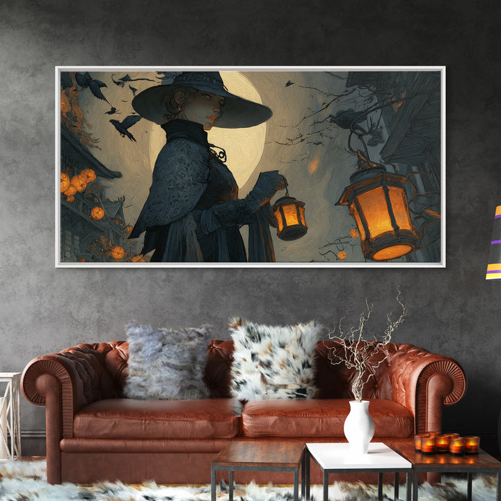 The Lantern Mage, Wide Panoramic Art, Dark Halloween Decor, Canvas Print, Halloween Wall Decor, Gothic Home Decor, Seasonal Home Decor