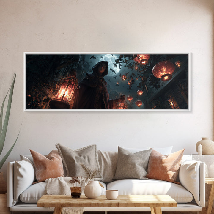 The Lantern Mage, Extra Wide Wall Art, Gothic Horror Wall Art, Framed Canvas Print, Halloween Wall Decor, Gothic Home Decor