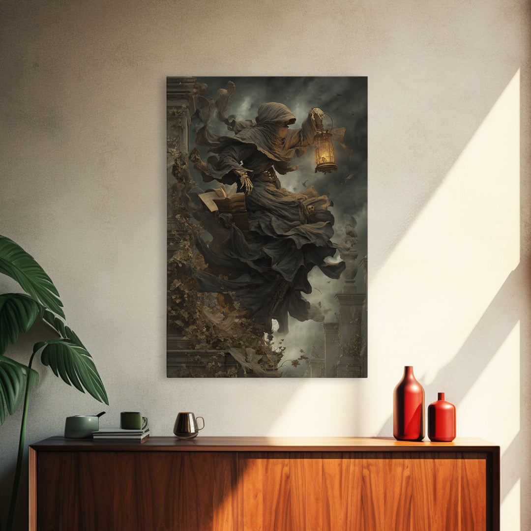 The Crypt Librarian, Vertical Wall Art, Dark Halloween Decor, Canvas Print, Halloween Wall Decor, Gothic Home Decor, Dark Fantasy Art