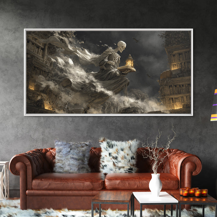 The Crypt Librarian, Wide Panoramic Art, Gothic Horror Wall Art, Framed Canvas Print, Halloween Wall Decor, Gothic Home Decor