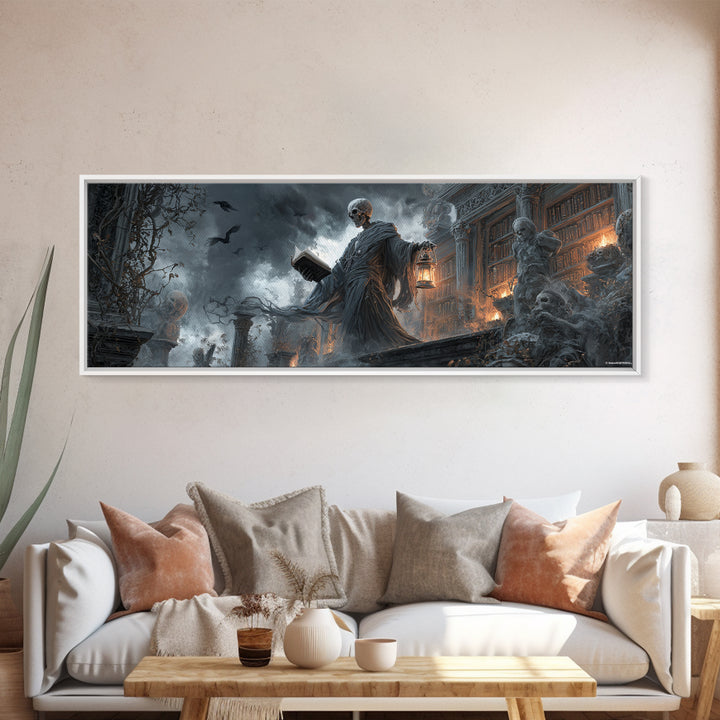 The Crypt Librarian, Extra Wide Wall Art, Macabre Wall Art, Framed Canvas Print, Halloween Wall Decor, Gothic Home Decor, Spooky Wall Decor