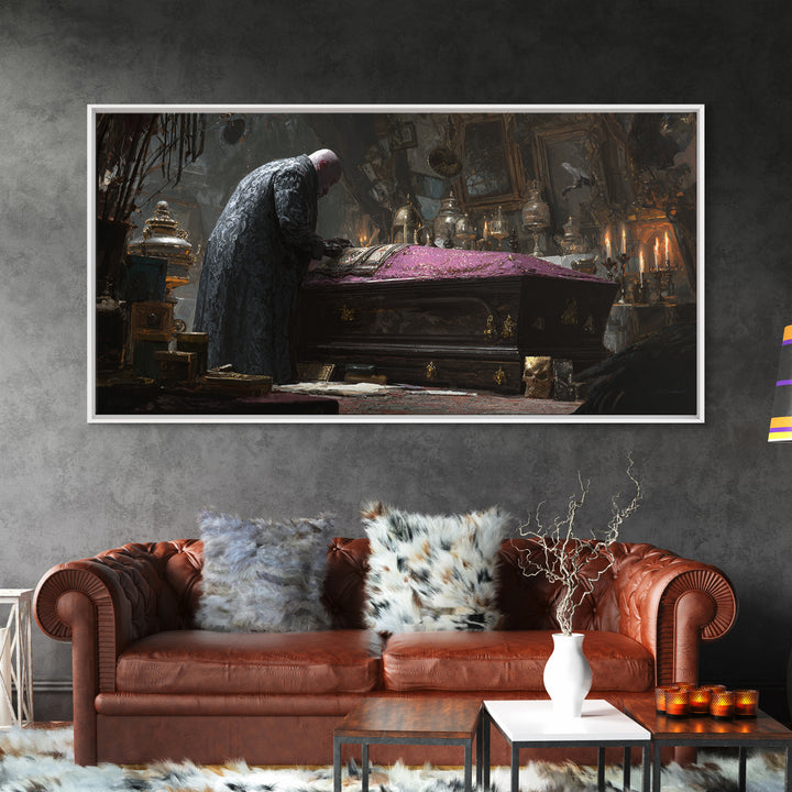 The Royal Coffin Maker, Wide Panoramic Art, Macabre Wall Art, Framed Canvas Print, Halloween Wall Decor, Gothic Home Decor, Halloween Decor