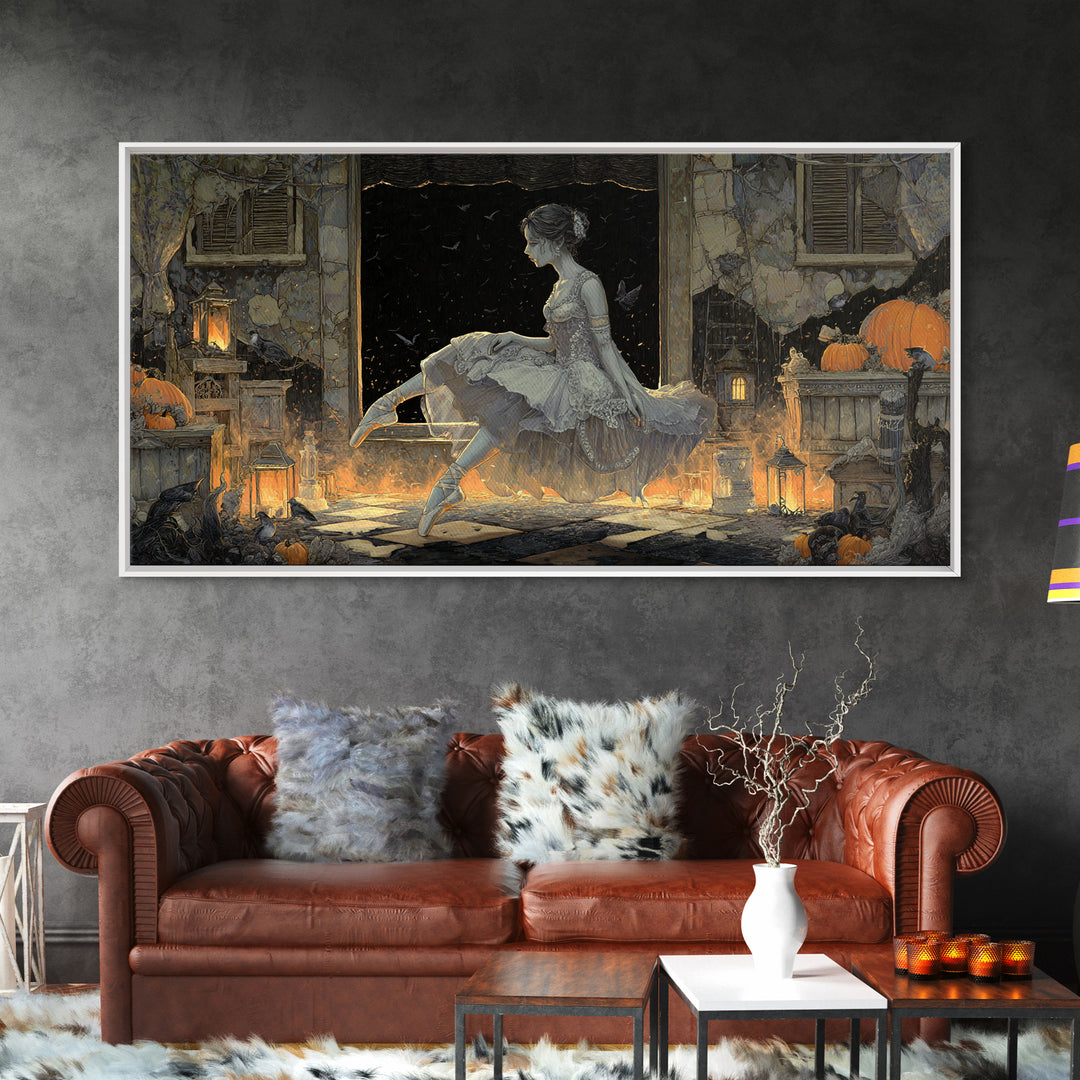 The Phantom Ballerina, Wide Panoramic Art, Haunted Gothic Art, Framed Canvas Print, Halloween Wall Decor, Gothic Home Decor