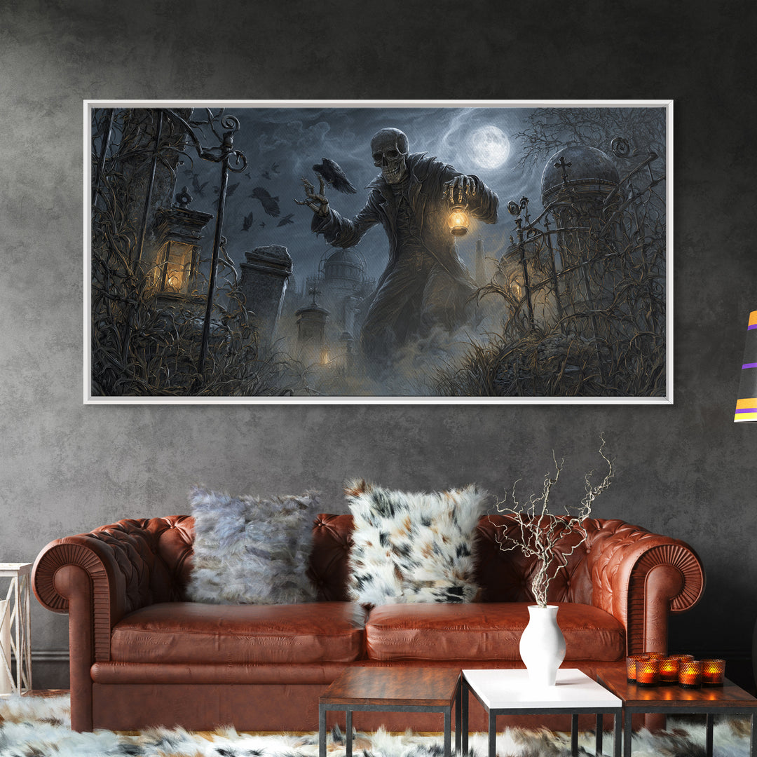 The Skull Astronomer, Wide Panoramic Art, Gothic Horror Wall Art, Framed Canvas Print, Halloween Wall Decor, Gothic Home Decor