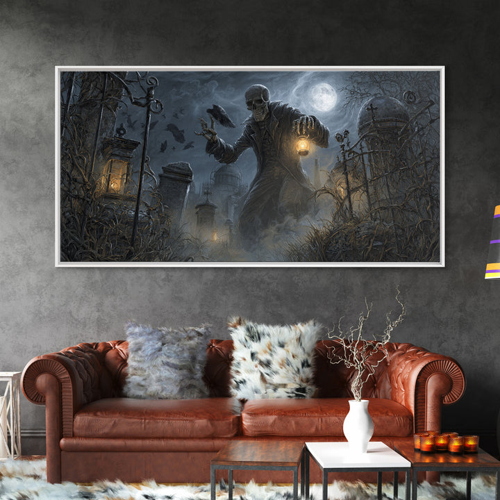 The Skull Astronomer, Wide Panoramic Art, Gothic Horror Wall Art, Framed Canvas Print, Halloween Wall Decor, Gothic Home Decor
