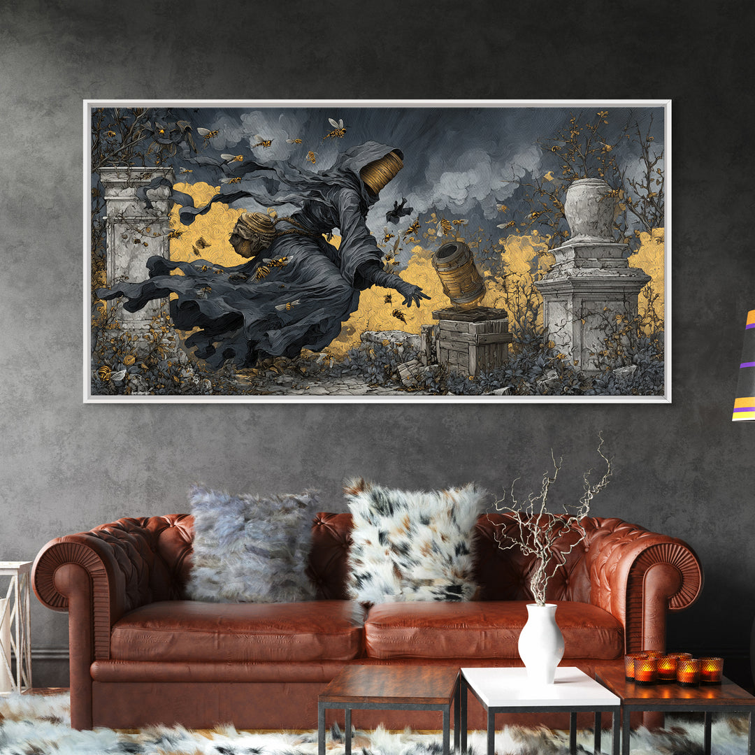 The Cemetery Beekeeper, Wide Panoramic Art, Dark Fantasy Wall Art, Canvas Print, Halloween Wall Decor, Gothic Home Decor